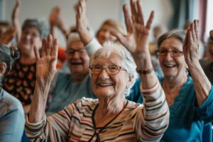 Seniors chatting and laughing together in a comfortable, home-like common area with natural light streaming in.