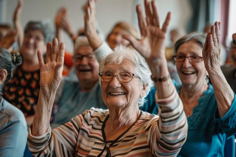 Seniors chatting and laughing together in a comfortable, home-like common area with natural light streaming in.