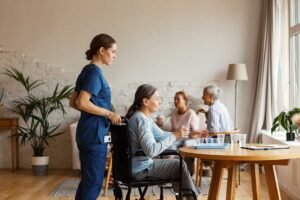 Older adults and family members review a care assessment at a kitchen table with notes and a calendar.